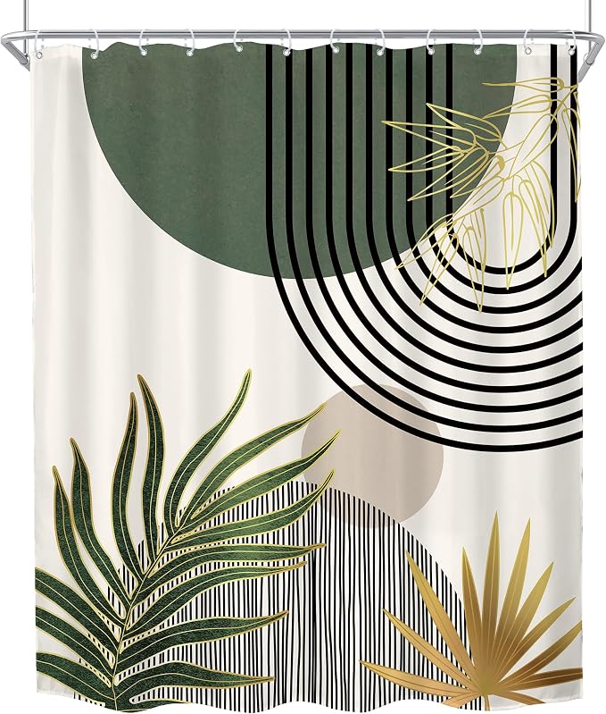 KOMLLEX Mid Century Green Boho Shower Curtain 72Wx84L Inches Abstract Modern Shower Curtains for Bathroom Gold Plant Botanical Minimalist Arch Sun Fabric Liner Waterproof Polyester 12 Pack Hooks