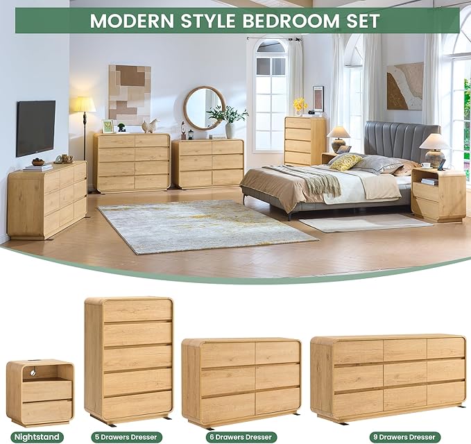 Natural Dresser for Bedroom with 9 Drawers, 57" Wide Modern Drawers with Curved Design, Wood Drawer Organizer for Living Room, Hallway