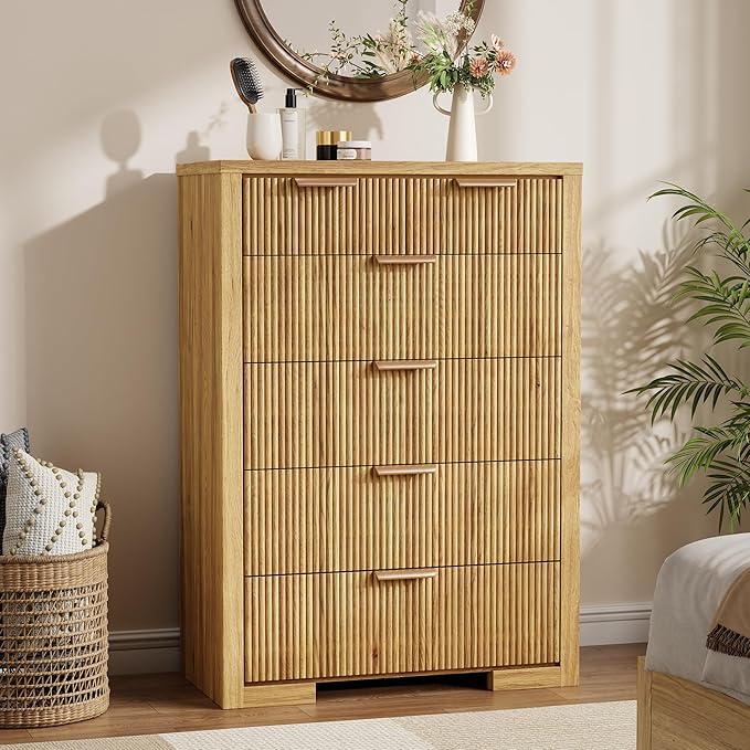 Fluted Dresser for Bedroom, 45" Tall Modern Chest of Drawers with 6 Drawers, Wood Closet Clothes Storage Organizer for Living Room, Wooden Dresser for Hallway, Natural Oak