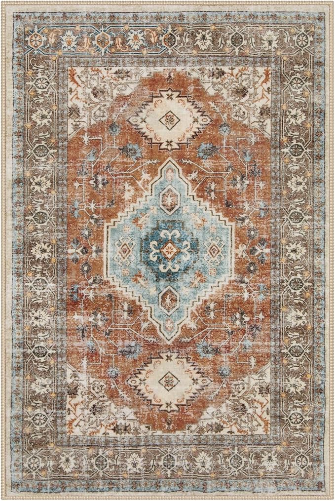 Lahome Oriental Small Rugs for Entryway, 2x3 Rug Non Slip Washable Fall Door Mat Indoor Entrance Ultra-Thin Vintage Soft Carpet for Kitchen Bedroom Front Door Bathroom, Orange/Multi
