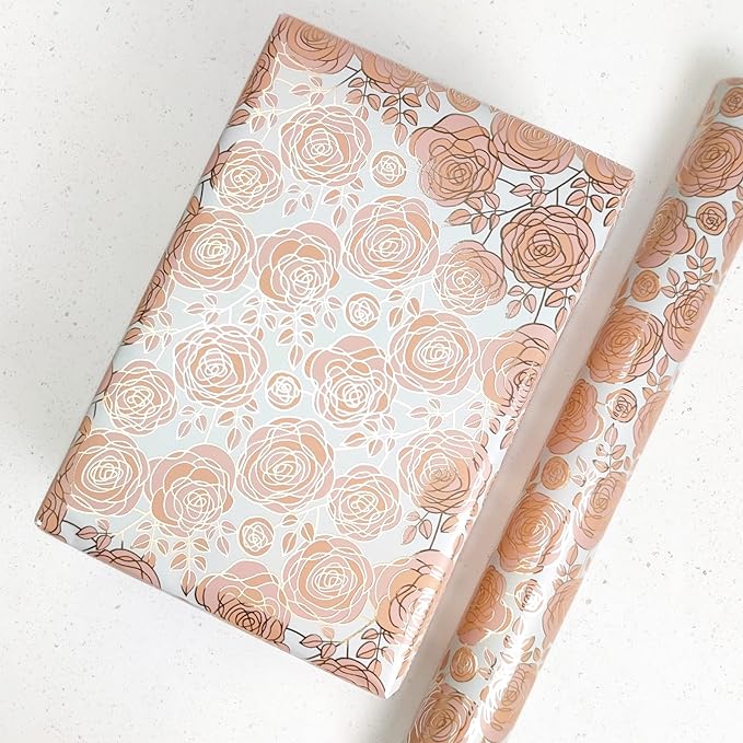 LDGOOAEL Mini Short Small Wrapping Paper Roll (17 Inches X 32.8 Feet) - Pink Rose with Metallic Foil for Holiday, Mothers Day, Birthday, Wedding, Baby Shower