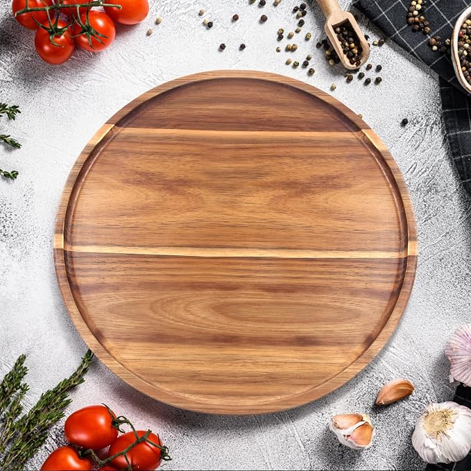 Acacia Round Wood Tray Decorative Serving Trays for Ottoman Coffee Table Candle Holder Tray Kitchen Counter Island Accents Home Decor Circle Circular Wood Centerpiece Trays for Dining Room Table