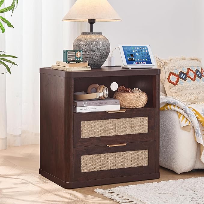 LEYAOYAO Rattan Nightstands with Charger Station, 23" Wide Boho Night Stand with 2 Drawers, Bedside Table Open Shlef, Bed Side End Table Dresser for Bedroom, Living Room Hallway, Walnut