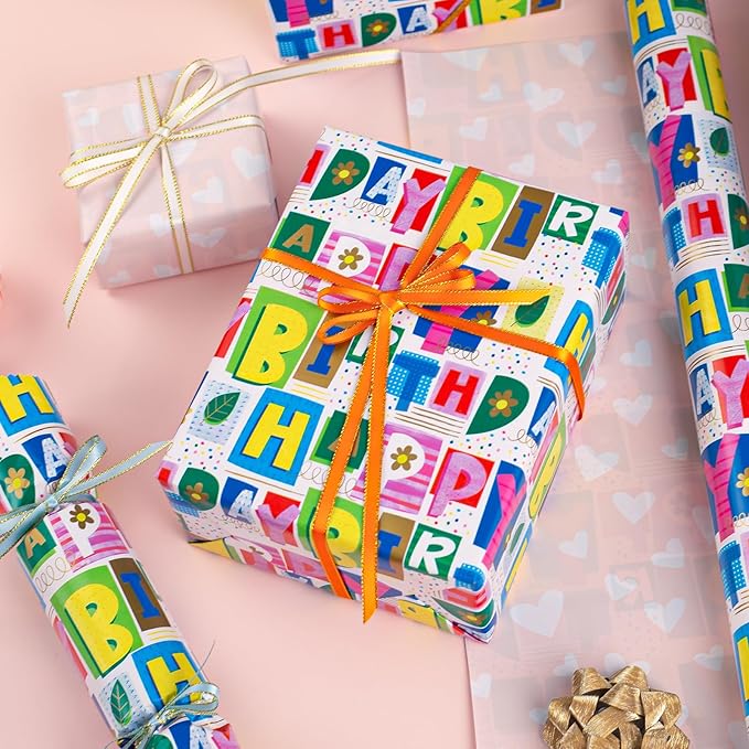 Homeral Reversible Wrapping Paper - Colorful Happy Birthday Letterings & Pink Heart Girly Gift Wrap for, Baby Shower, Party Gift Wrapping - Mini Roll Wrapping Paper - 17in x 33ft