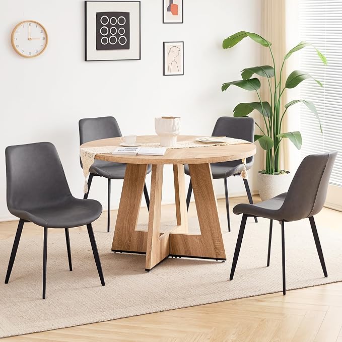 47 inch Round Dining Table Set for 4 with Chairs Kitchen Table and Chairs Set Mid-Century Modern Round Wood Kitchen Tables with Upholstered Synthetic Leather Chairs Set of 4