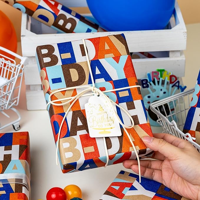 MAYPLUSS Happy Birthday Wrapping Paper Roll, Colorful Kraft Birthday Gift Wrap for Men Boys Girls Women 17 IN x 16.5 FT