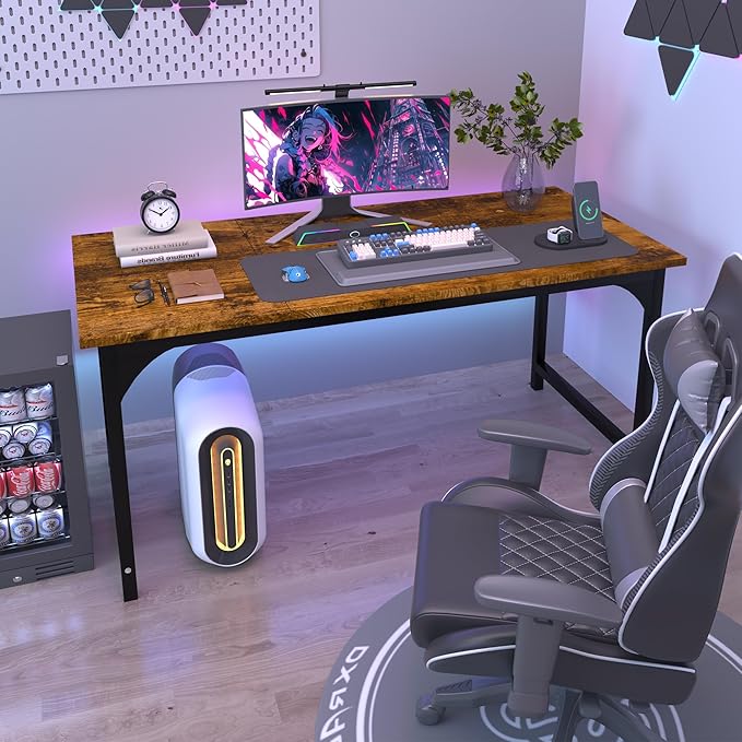 Computer Desk, 55 Inch Home Office Desks, Office Desk for Gaming Writing Study Work, Study Table with Large Legroom, Computer Desk with Metal Frame, Modern Simple Home Office Desk for Bedroom