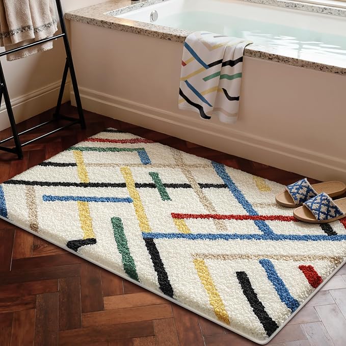 LUMI Bathroom Rugs with Colorful Line, Soft Absorbent Bath Mat for Modern Home Decor, Non-Slip Quick-Dry Bath Rug, Machine Washable Floor Mat for Shower and Tub, Entryway, 16"x24", Colored Line