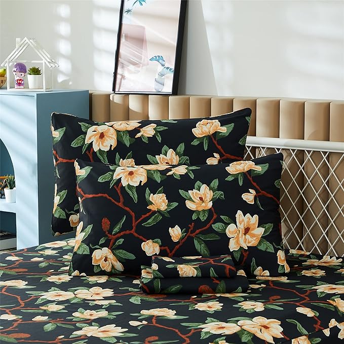 FADFAY Sheets Set King Shabby Black and Yellow Floral Bedding Elegant Peony Sheets Set Vintage Farmhouse Bedding Soft 100% Egyptian Cotton 800 Thread Count Deep Pocket Fitted Sheet, 4Pcs-King Size