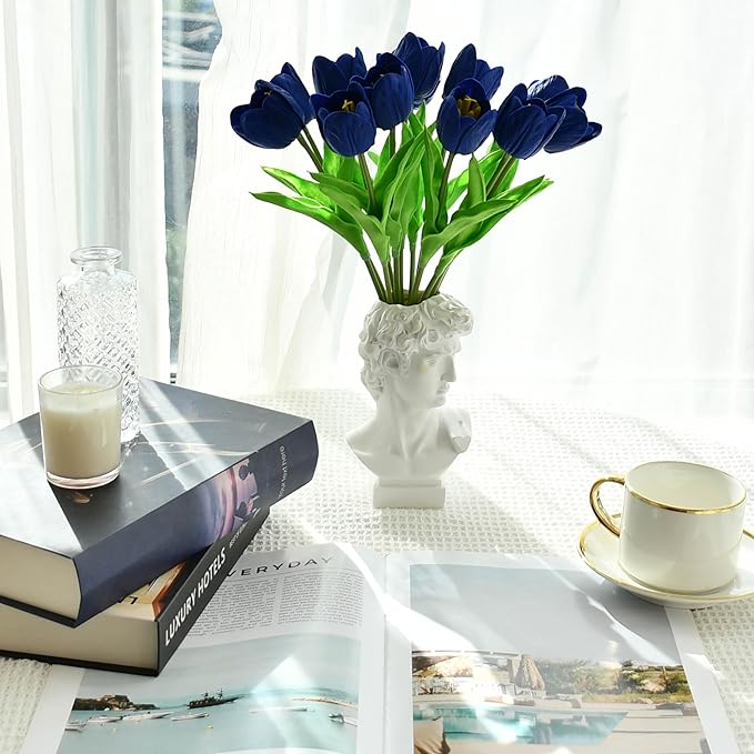 Mandy's Artificial Tulips 12 Stems Royal Blue Partially Open PU Faux Flowers for Wedding Home Decor 13.5 Inch
