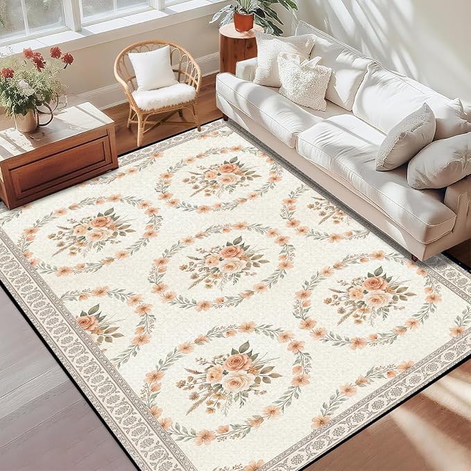 4'x6' Boho Floral Area Rug Vintage Peach Rose Carpet Non-Slip Washable Floor Mat Neutral Aesthetic Botanical Rug for Bedroom Living Room Nursery Kitchen Playroom Home Decor
