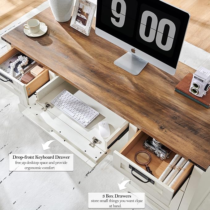 RedLemon 60" Farmhouse Executive Desk, Home Office Desk with Drawers, Charging Station, Keyboard Tray, File Drawer, Storage Cabinet, Wood Rustic Computer Writing Desk (Antique White)