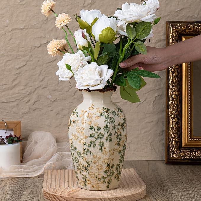Green Vinatge Vase, Gorgeous Pastoral Octagonal Ceramic Flower Vase, Rustic Farmhouse Ice Cracked Large Chinoiserie Floral Vases for Home Decors, Cottage, Coffee Table, Bookshelf, 9.1 Inch