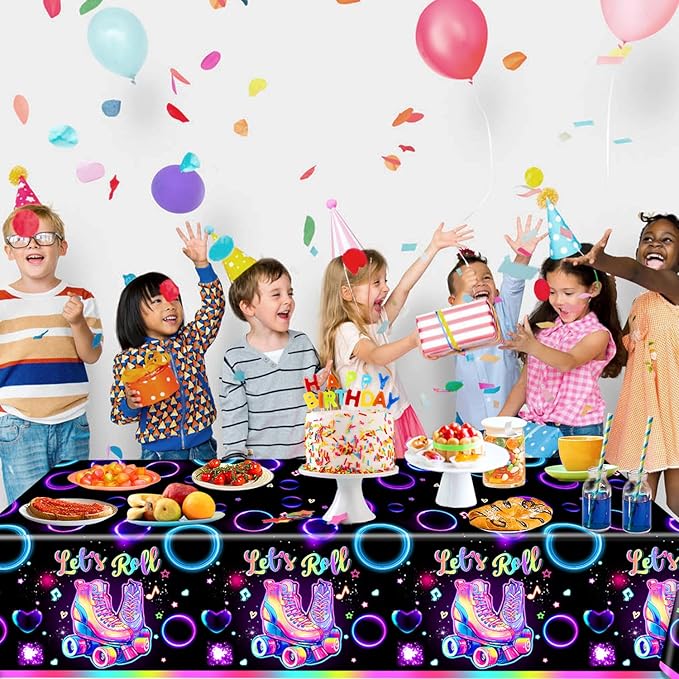 3 Pack Roller Skating Tablecloths, Roller Skating Party Decorations, Let’s Roll Tablecloth for Roller Skate Birthday Party Decorations, 54 x 108 Inch