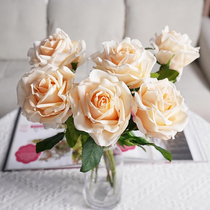 6 Pcs Silk Real Touch Latex Roses, Artificial Single Stem Big Bloom Faux Roses for Home Party Office Wedding Indoor Decor, Floral Arrangements, Table Centerpieces