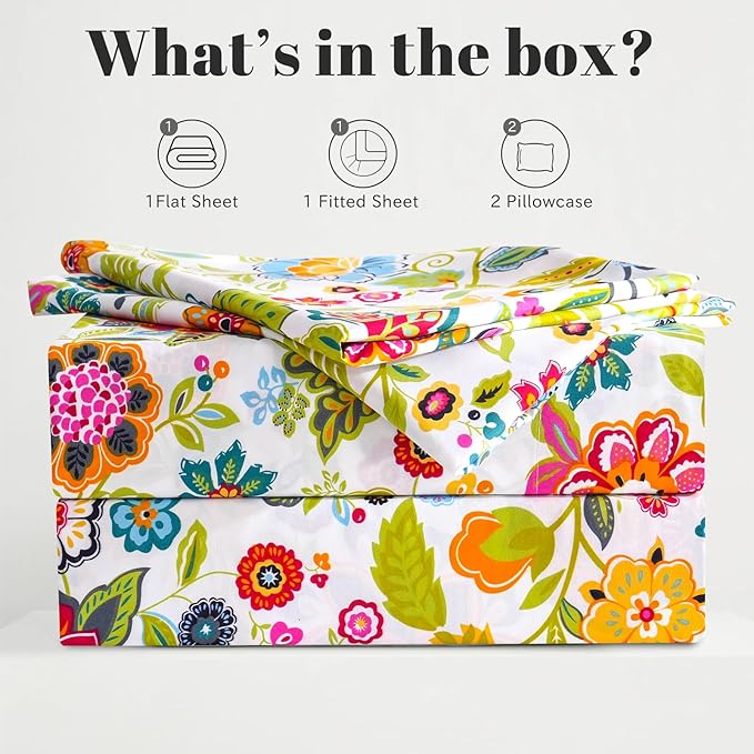 Bedlifes California King Sheet Set Ultra Soft, Breathable, Silky Flower Deep Pocket 100% Microfiber Bedding, 4 Piece Cal King Size with Floral Spring Design