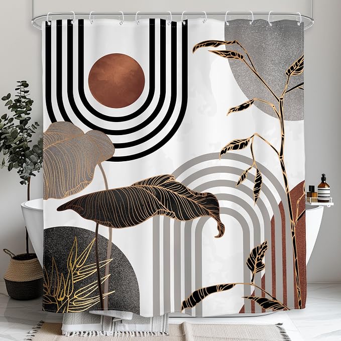 Glawry Brown Grey Abstract Mid Century Shower Curtain Boho Black Gold Tropical Palm Tree Leaves Modern Arch Sun Bathroom Geometric 60Wx72L Inches Bath Accessories Art Home Decor Fabric 12 Pack Hooks