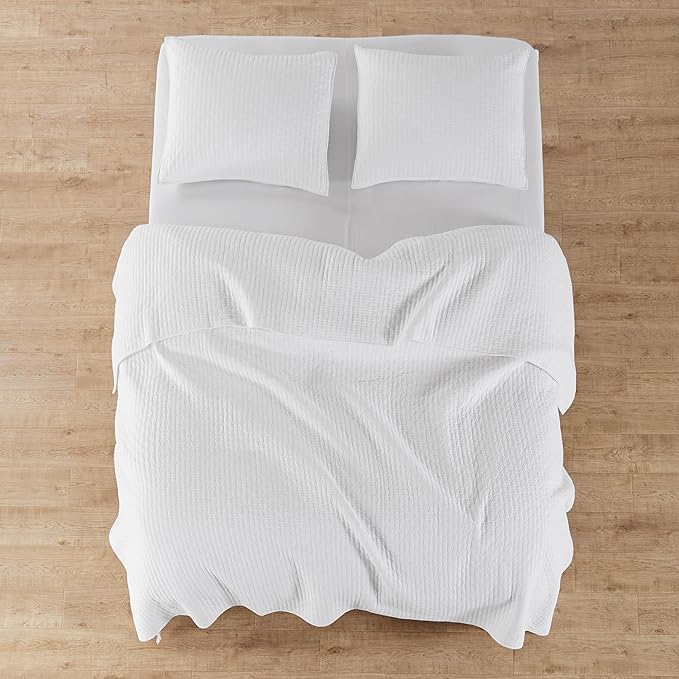 Levtex Home Cross Stitch Reversible King/Cal King Quilt Set (106x92in) and 2 Pillow Shams (36x20in) - Stitch Texture - Bright White - Cotton King Size Quilt Bedding Set - Lightweight Soft Pre-Washed