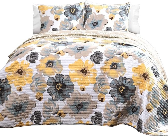 Lush Decor Leah Reversible Floral Quilt Set, 3 Piece Set, King, Yellow & Gray - Watercolor Botanical - Cottage Core - French Country Decor- Bedding Queen Size