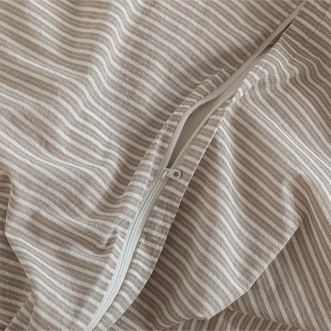 JIYUAN 100% Washed Cotton Striped Duvet Cover Set 3 Pieces King, 1 Duvet Cover and 2 Pillowcases(Comforter Not Included),Linen Like Bedding Set Comfy and Breathable,Pinstripes-Heathered Taupe White