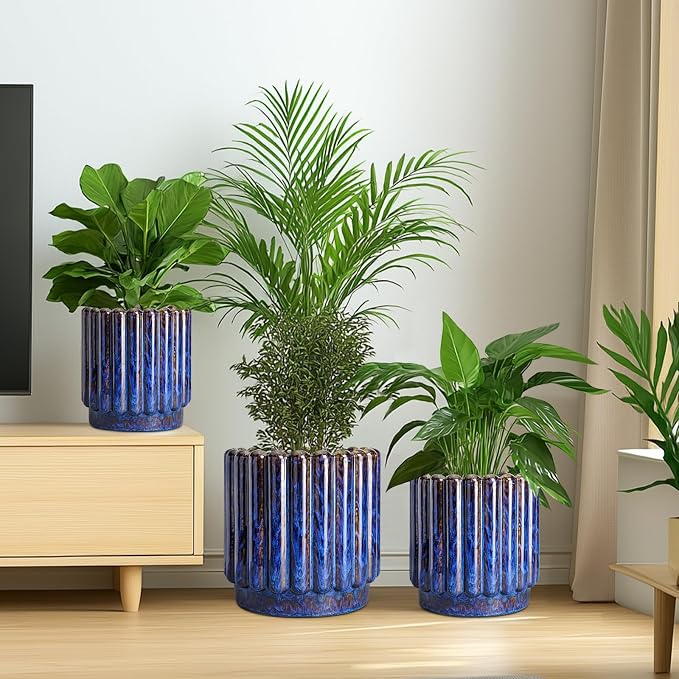 Ceramicfor Ceramic Planter, 9.6 Inch, Blue | Round Flower Pot, Drainage Hole, Large Fluted Modern Design, Indoor Outdoor Use