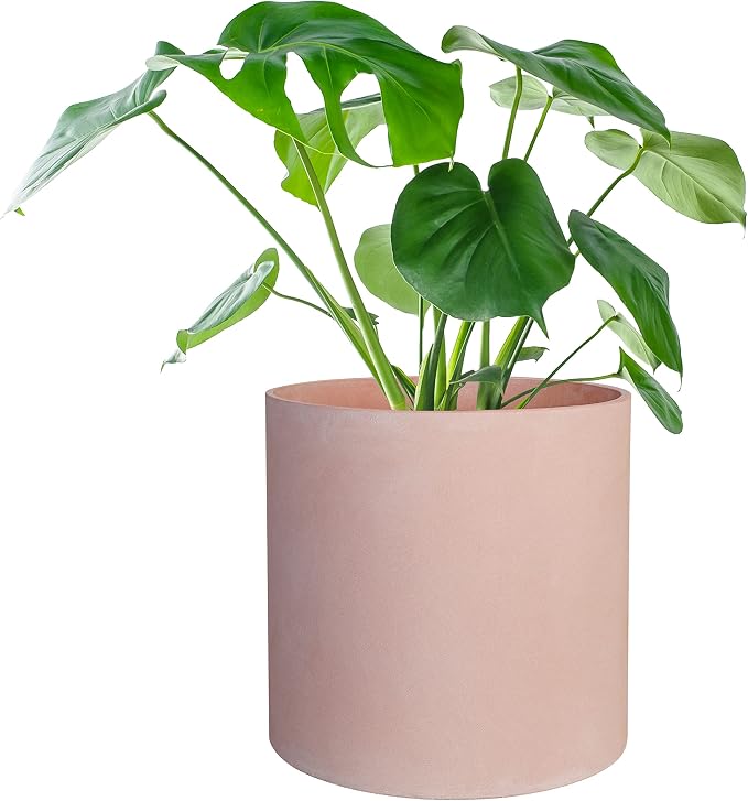 FaithLand 12 Inch Fiberstone Planter - Lightweight Modern Cylinder Plant Pot with Drainage Hole & Plug, Indoor Outdoor Use, Terracotta Color