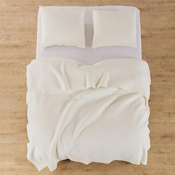 Levtex Home - Cross Stitch Quilt Set - 100% Cotton - King Quilt (106x92in.) + 2 King Shams (36x20in.) - Cream