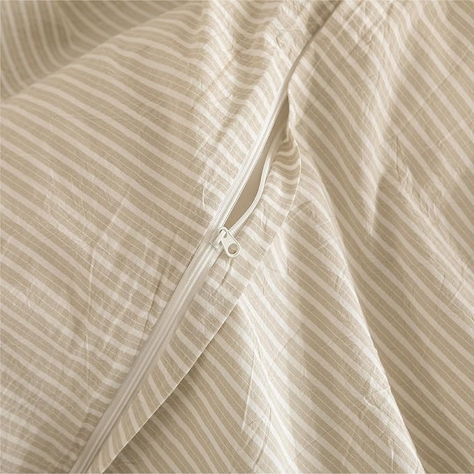 JIYUAN 100% Washed Cotton Striped Duvet Cover Set 3 Pieces Queen, 1 Duvet Cover and 2 Pillowcases(Comforter Not Included),Linen Like Bedding Set Comfy and Breathable,Pinstripes-Heathered Beige White