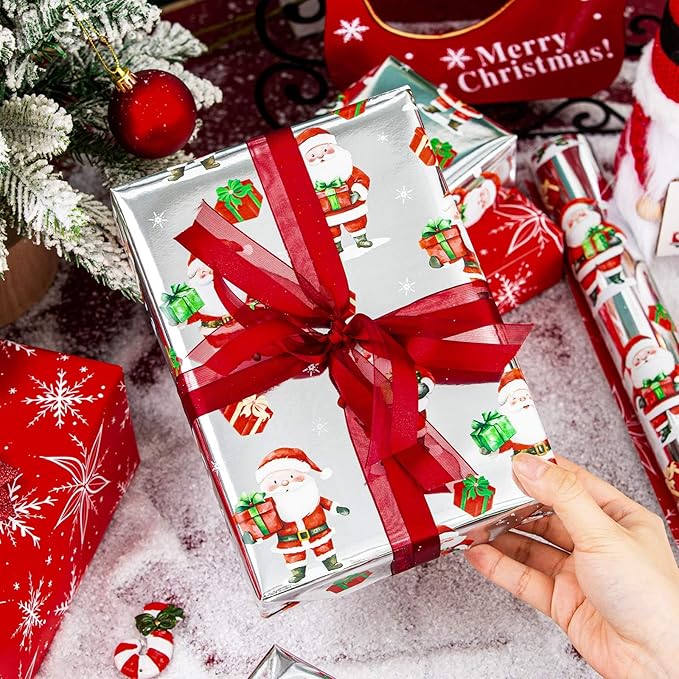 MAYPLUSS Christmas Wrapping Paper Roll - 17IN X 33FT - Gift Wrapping Paper Featuring Santa Claus Snowflake Against Red for Kids, Holiday, New Year