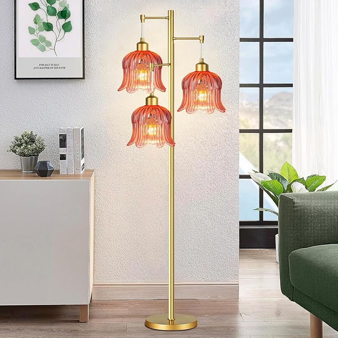 QIYIZM Pink Floor Lamp for Living Room,Bedroom,Gold Mid Century Modern Standing Lamp Brass Tree 3 Light Tall Floor Lamps Floor Lights Glass Flower Lamp Shade Girls Kids Boho Bohemian