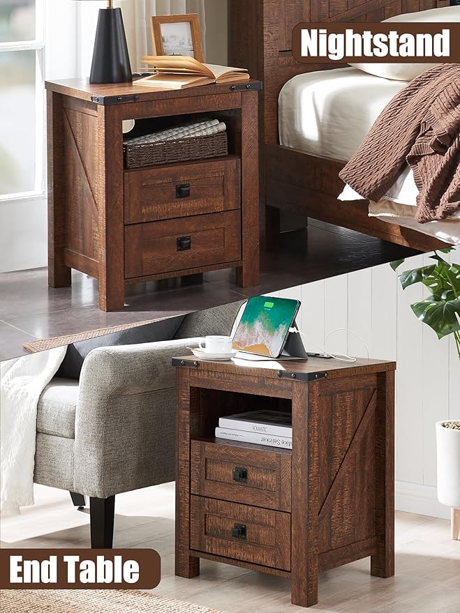 T4TREAM Farmhouse Nightstand Set of 2 with Charging Station, Rustic End Table with 2 Drawers, Storage Open Shelf for Bedroom, Living Room, Wood Side Table, Reclaimed Barnwood