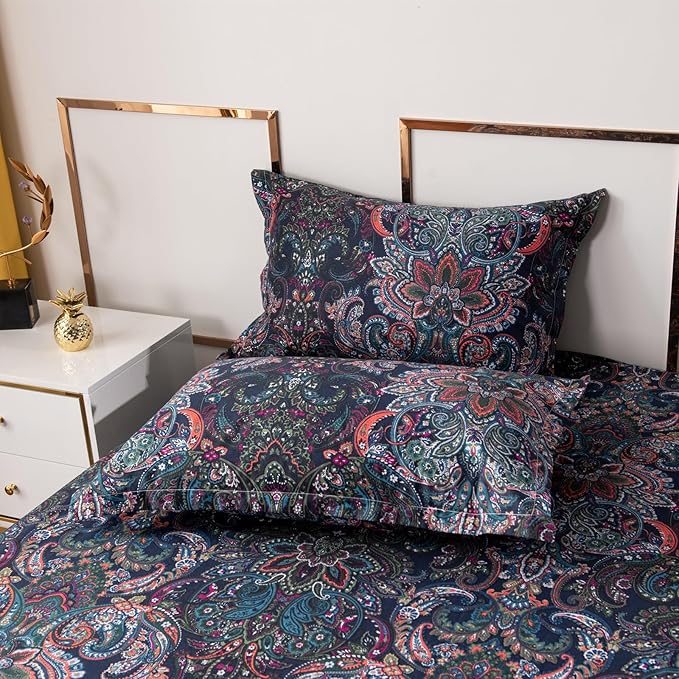 VM VOUGEMARKET Paisley Bedding Sets 3Pcs Brushed Cotton Duvet Cover Set King Size Rustic Damask Stormy Blue Floral Comforter Cover with Zipper Closure Boho Bedding Collections