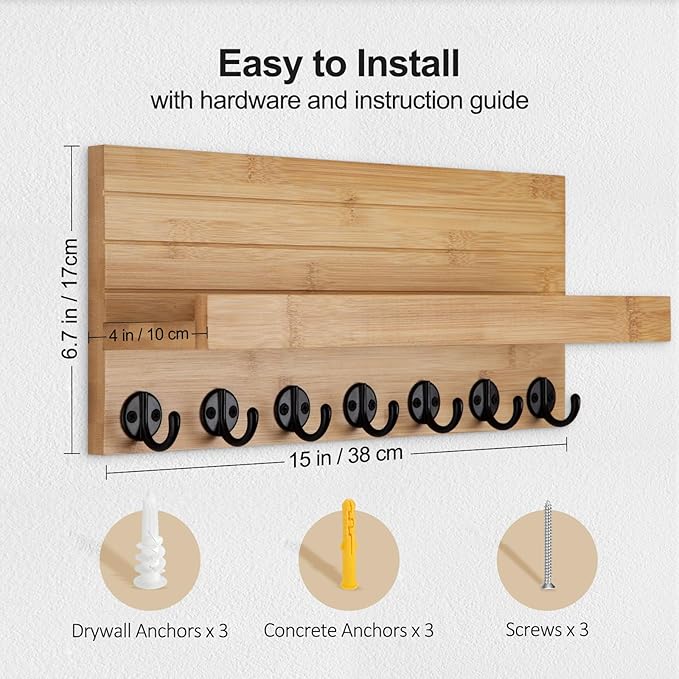 Lwenki Key Holder Wall Mount, Entryway Key and Mail Holder with 7 Sturdy Hooks for Sunglasses, Dog Leash, Decorative Wall Shelf with Mounting Hardware, 15”W x 6.7”H x 4.2”D