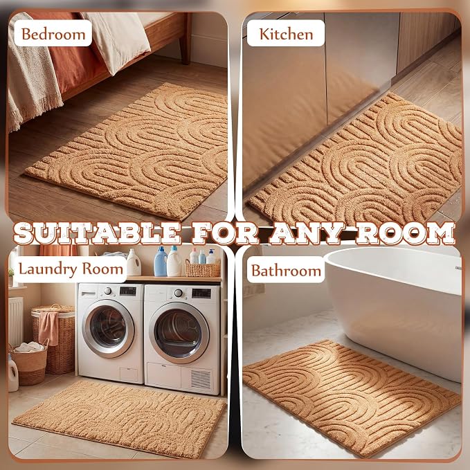 Drydiet Orange Boho Jacquard Bathroom Rug for Bathroom 3D Arched Stripes Non Slip Absorbent Extra Thick Soft Carpet, Plush Bath Rug with Rubber Backing for Bath Shower, 20''x30''