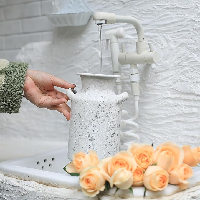 Rustic Vintage Metal Flower Vase for Decor Milk Jug Small Vases for Flowers Kitchen Decorations, Cylindrical,Perfect for Kitchen, Dining Room, Living Room,Housewarming Gift,White