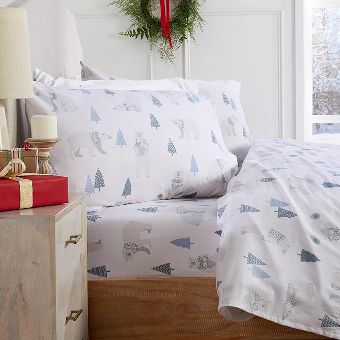 Market & Place 100% Turkish Cotton Flannel Sheet Set | 3 Piece Deep Pocket Novelty Cozy Winter Bed Sheets | Double Brushed for Extra Softness & Comfort | Alpine Collection (Twin, Polar Bears)
