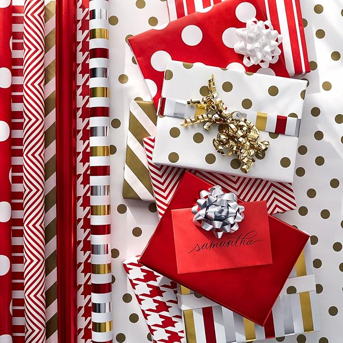 American Greetings Wrapping Paper Rolls for Christmas or Any Occasion, Metallic Gold and Red Holiday Gift Wrap (120 sq. ft., 4 Rolls-30 in. x 12 ft., Reversible) Stripes, Polka Dots, Zig Zags