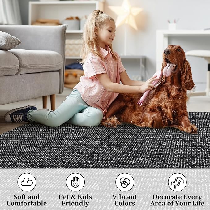 9x12 Area Rug Washable Modern Braided Rug for Living Room Low Pile Soft Bedroom Rugs Non Slip Modern Indoor Large Carpet Thin Foldable Distressed Woven Print Carpet for Nursery Dining Playroom, Black