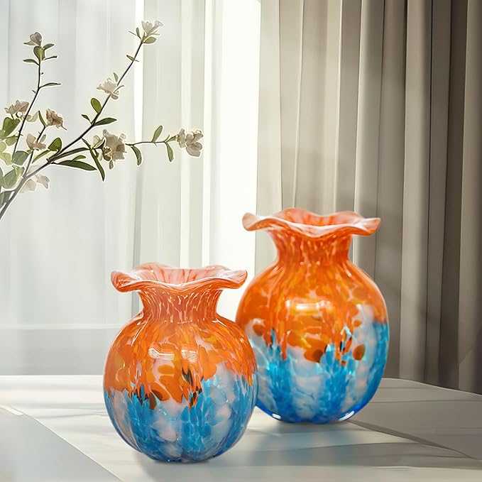 Luxury Lane Hand Blown Confetti Art Glass Bubble Bud Flower Vase for Home Decor 6 inch Tall Centerpiece Table Decoration