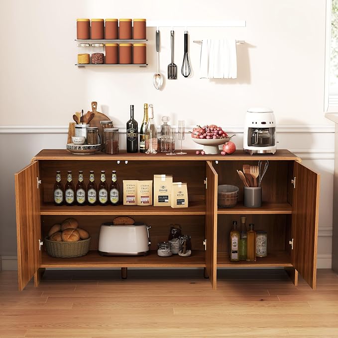59" Sideboard Buffet Cabinet with Storage, Wood Arched Storage Cabinet with 3 Doors and Adjustable Shelf, Large Curved TV Console Accent Cabinet for Living Room Hallway Kitchen Dining Room, Walnut