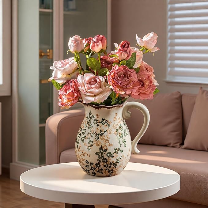 Green and Beige Vintage Vase with Handle,Retro Chinoiserie Vase,Farmhouse Antique Decorative Ceramic Vases for Home Decor,Living Room, Bookshelf, Office, Grand Millennial Decor(H8.05 Inch)
