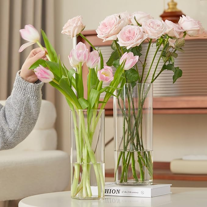3 Pcs Acrylic Clear Cylinder Flower Vase for Plants Bouquet, Unbreakable Hurricane Tall Large Plastic Vases for Wedding Centerpieces, Hydroponic Decor Base Set of 3 (H 8" + H 10" + H 12" No Flowers)