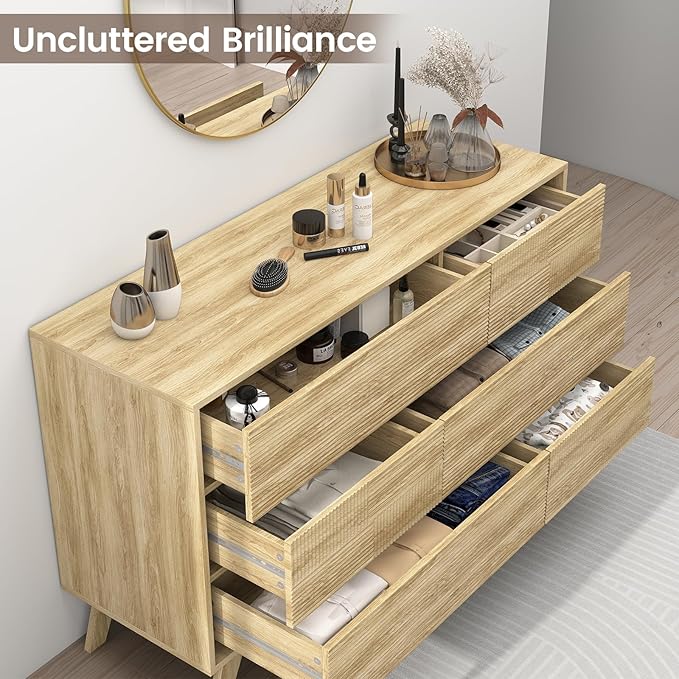 Hadulcet Fluted 6 Drawers Dresser for Bedroom, Modern Minimalist Style, 47” Wide Handleless Chest of Drawers, Wooden Dresser TV Stand, Closet Clothes Storage Organizer for Hallway, Natural Oak