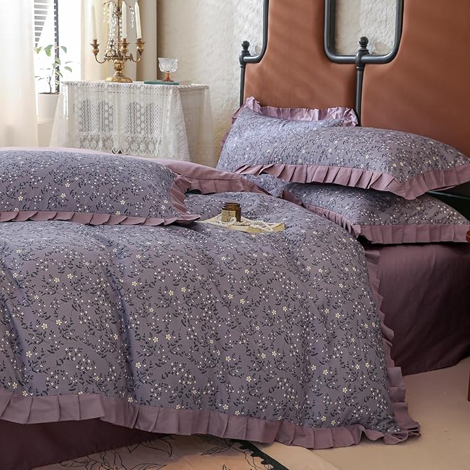 LifeTB Vintage Daisy Flower Duvet Cover Queen 100% Cotton Purple Ruffle Comforter Cover Floral Aesthetic Duvet Cover Romantic Princess Bedding Set Girls Lace Comforter Cover Queen with 2 Pillowcases