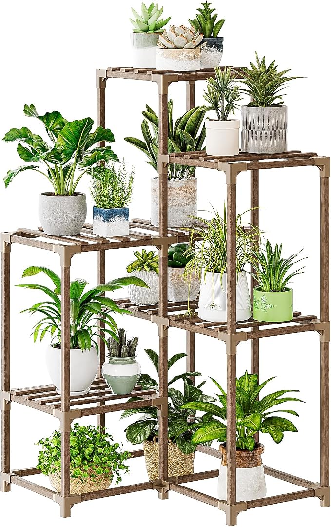 Bamworld Plant Stand Indoor Plant Shelf Outdoor Corner Wood Plant Table 7 Pots Flower Stands for Living Room Plant Rack Indoor for Multiple Plants Patio Balcony Garden Decor