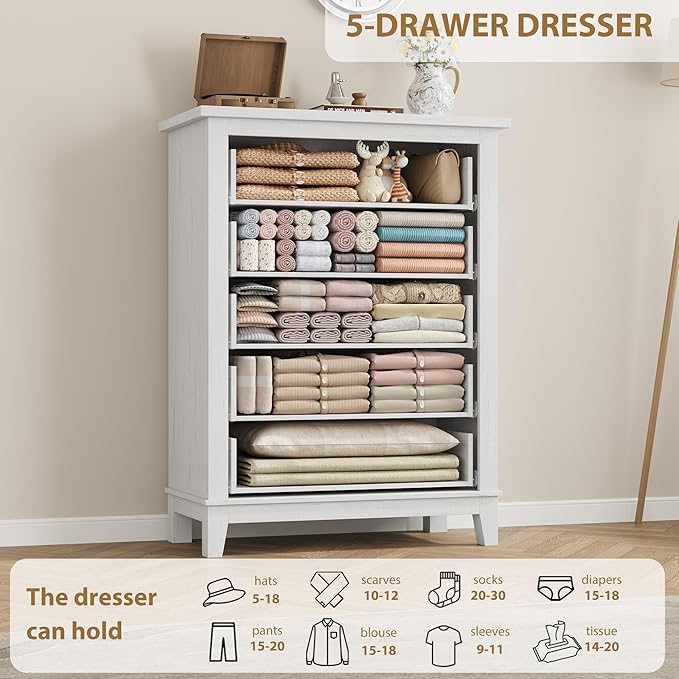 GarveeHome 5 Dresser for Bedroom, 41.3 in Tall Vertical Drawer Dresser with Large Storage, Freestanding Wooden Closet Chest for Bedroom, Living Room, White