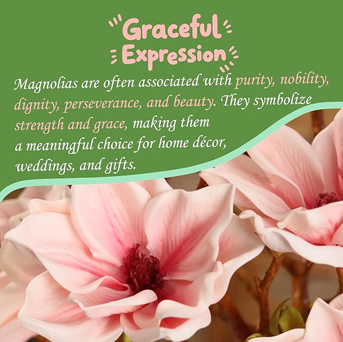 3pcs Artificial Magnolia Flower Branches, 31 Inch Long Stem Faux Floral, Premium Faux Bloom for Home Decor, Centerpieces, and Wedding Arrangements, Pink