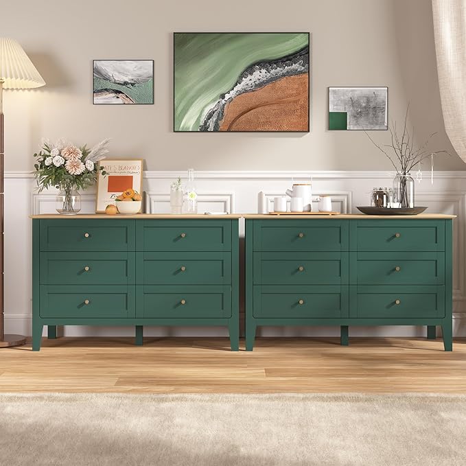 6 Drawers Green Dresser for Bedroom, 47" Wide Wood Modern Chest of Drawers, Shaker Style, Modular Dresser TV Stand for Bedroom, Living Room, Hallway (Green)