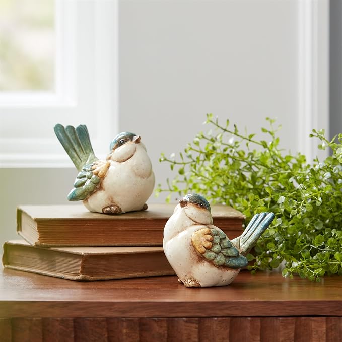 The Bridge Collection Set of 2 Decorative Bird Figurines - Rustic Farmhouse Style Songbird Statues - Vintage Inspired Home Accents