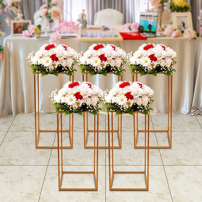 5PC 23.6" Flower Stand for Wedding Metal Cylinder Stands for Party Rectangular Gold Centerpieces Flower Vase Gold Pedestal Columns for Weddings Indoor Outdoor Flower Plant Stand Decoration